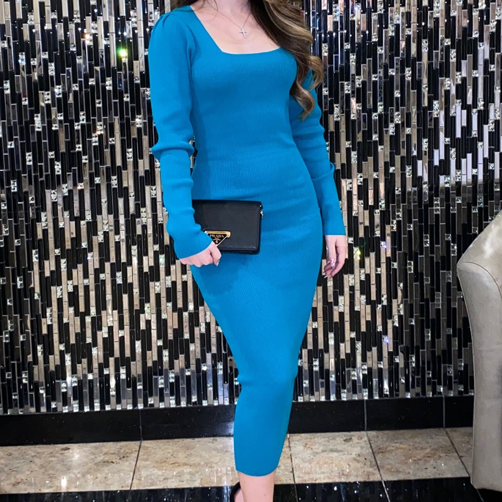 Zara Ribbed Midi Puff Sleeve Long Sleeve Dress